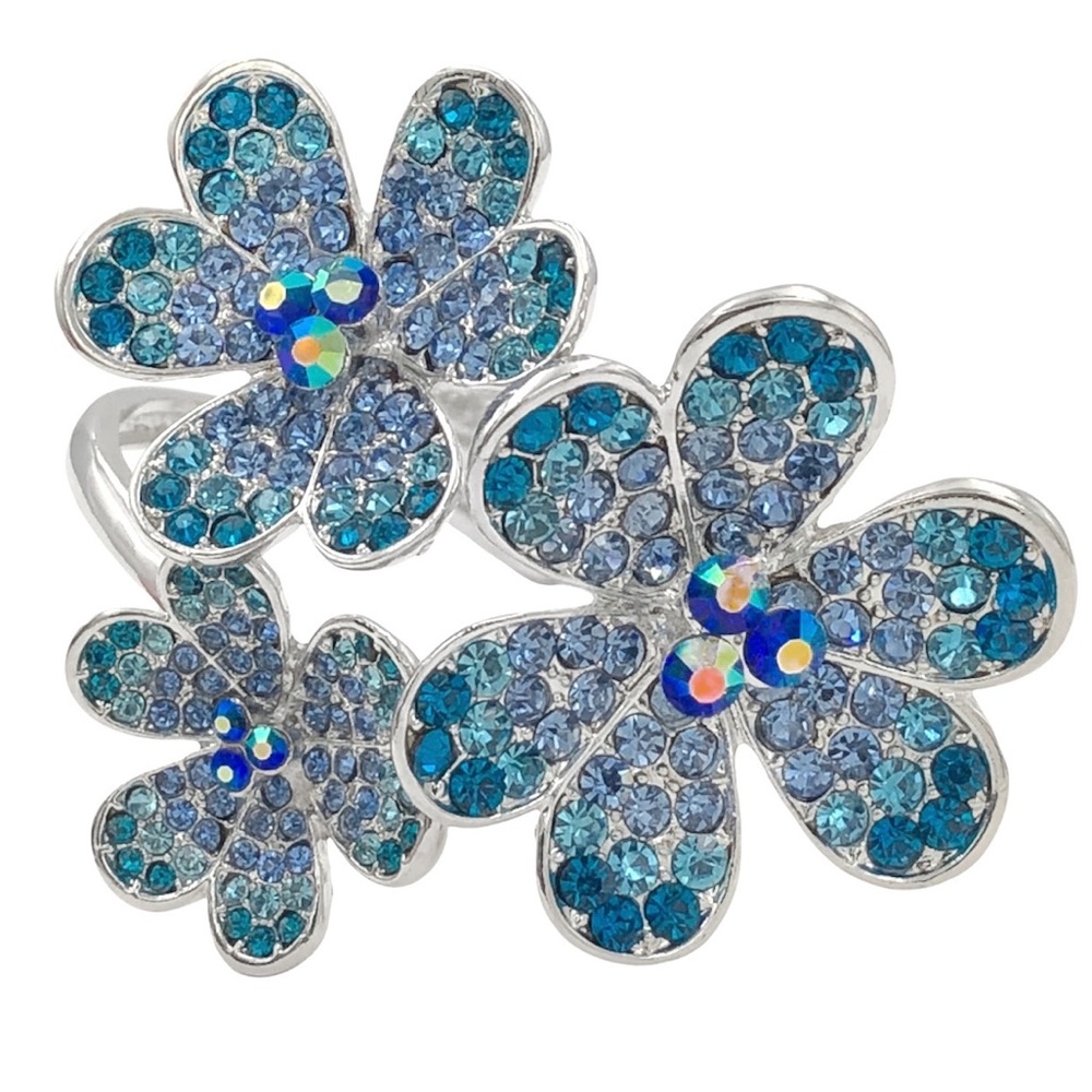 3 Daisy Flower Blue Rhinestone Silver Hinged Bangle Bracelet